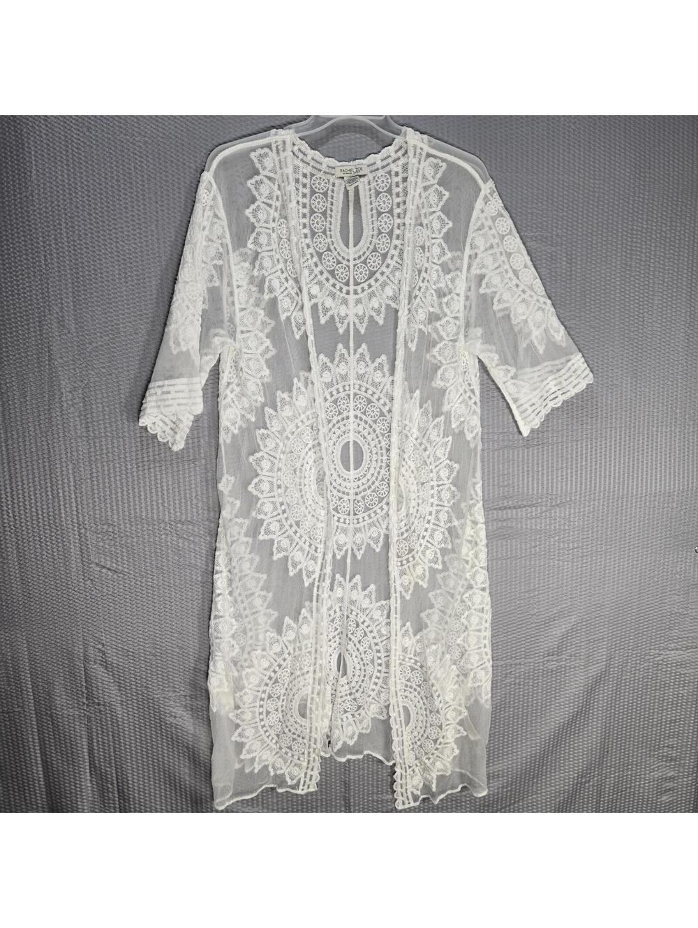 RACHEL ZOE White Lace Sheer Long Kimono Boho Duster Cardigan One Size Mesh Beach